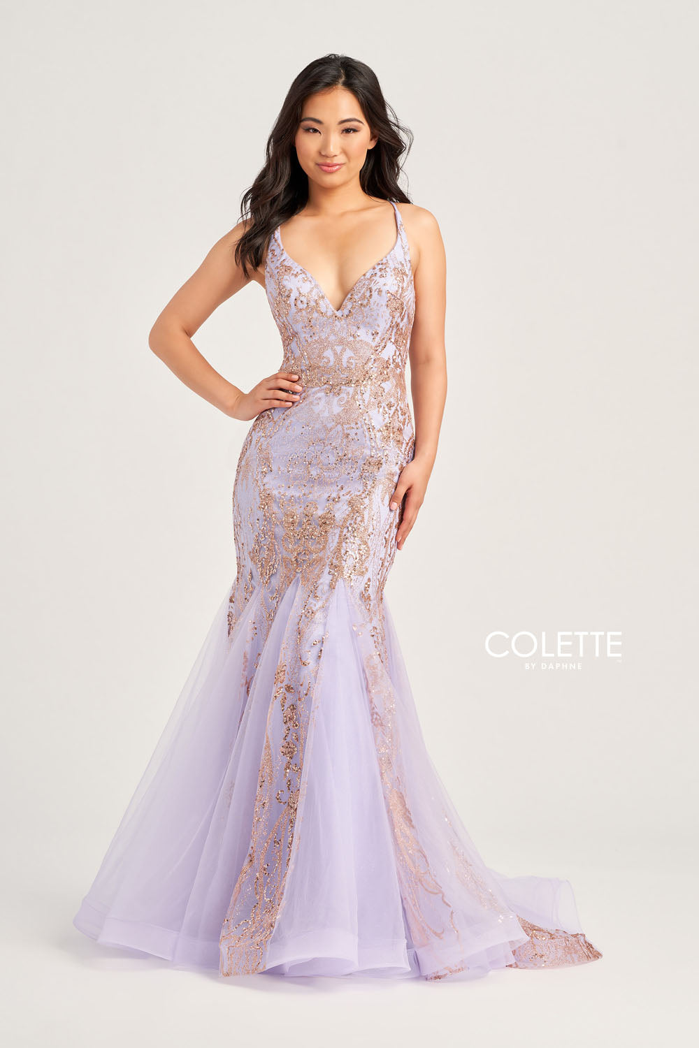 Colette CL5109 prom dress images.  Colette CL5109 is available in these colors: Fuchsia, Royal Blue, Lilac Gold, Purple.