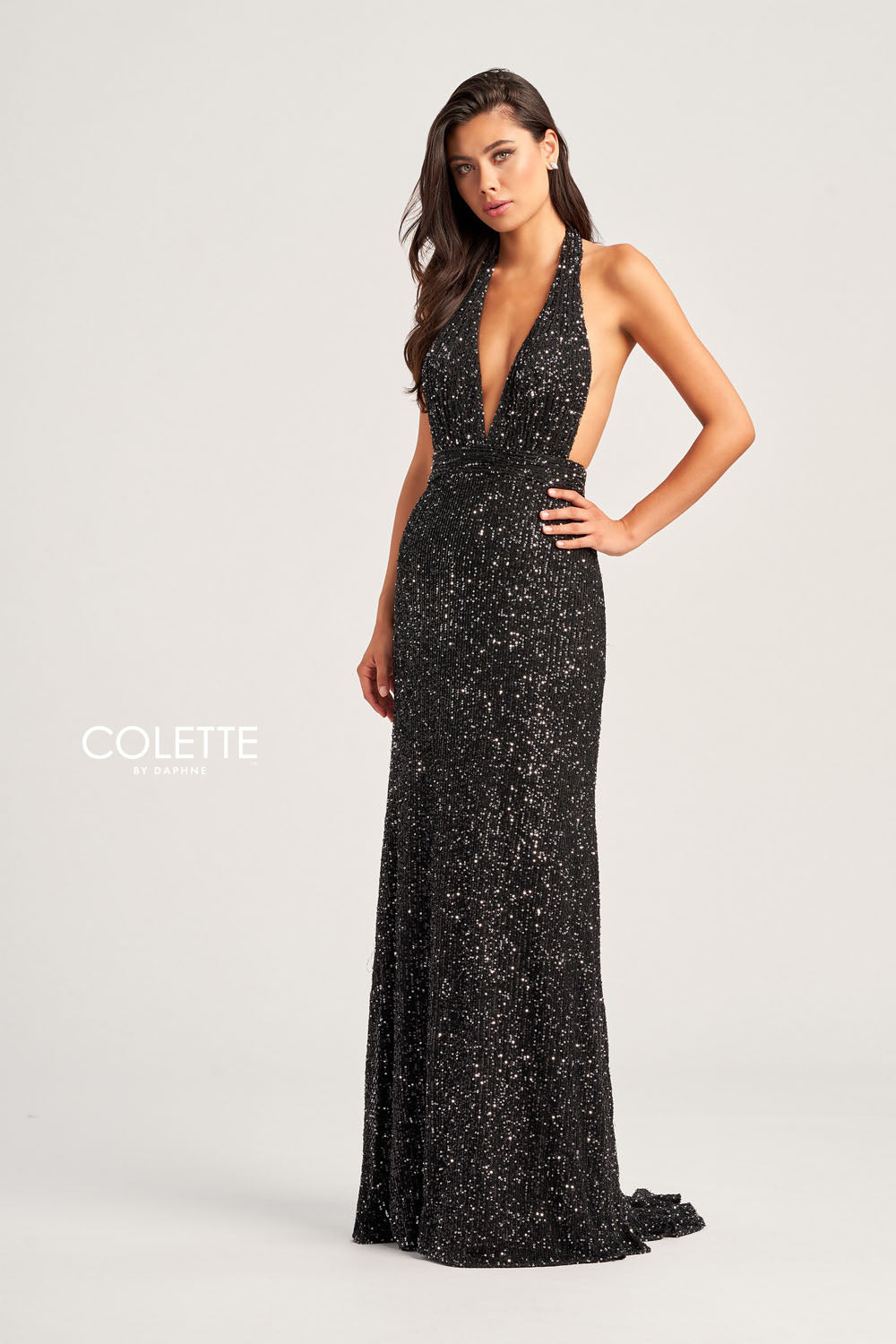 Colette CL5115 prom dress images.  Colette CL5115 is available in these colors: Olive, Emerald Gold, Black Silver, Wine Gold, Champagne.