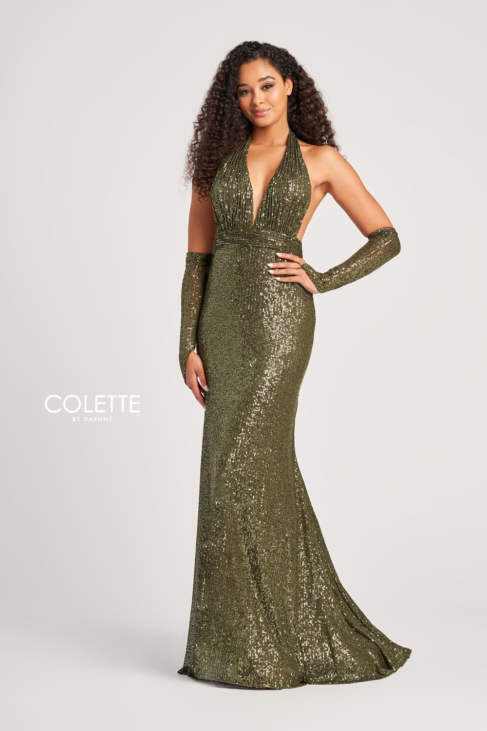 Colette CL5115 prom dress images.  Colette CL5115 is available in these colors: Olive, Emerald Gold, Black Silver, Wine Gold, Champagne.