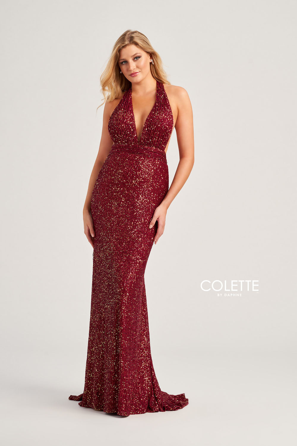 Colette CL5115 prom dress images.  Colette CL5115 is available in these colors: Olive, Emerald Gold, Black Silver, Wine Gold, Champagne.