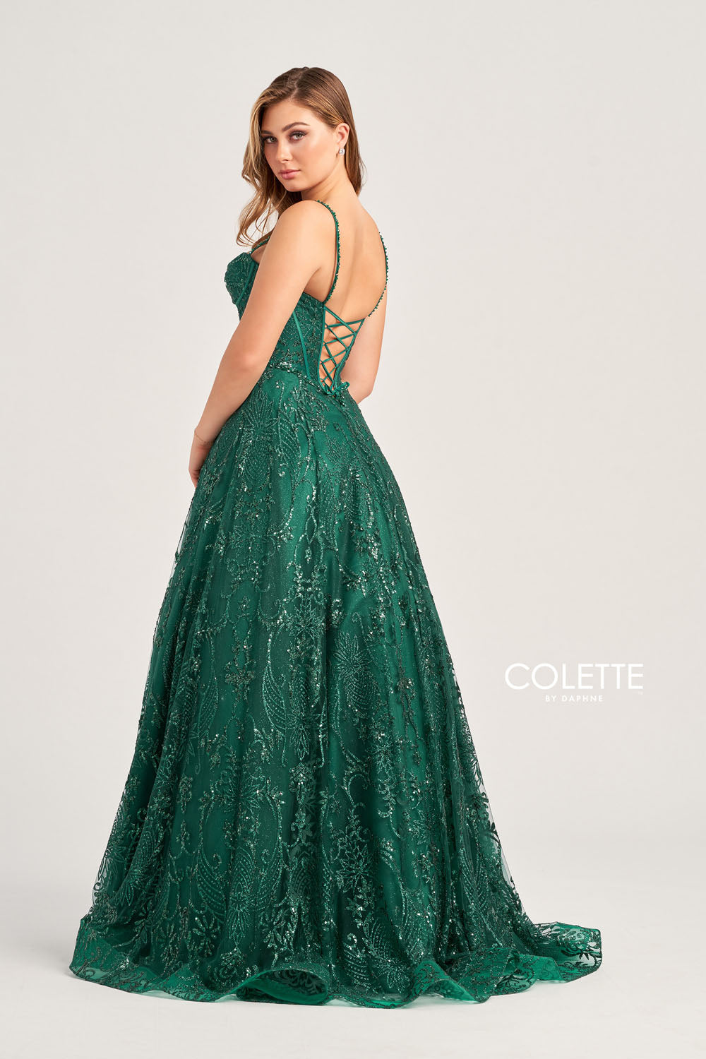 Colette CL5117 prom dress images.  Colette CL5117 is available in these colors: Emerald, Lilac, Light Blue.