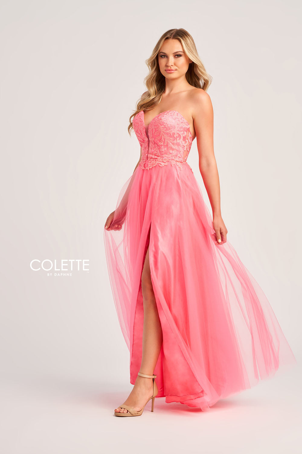 Colette CL5132 prom dress images.  Colette CL5132 is available in these colors: Pink Coral, Dark Periwinkle, Spearmint.