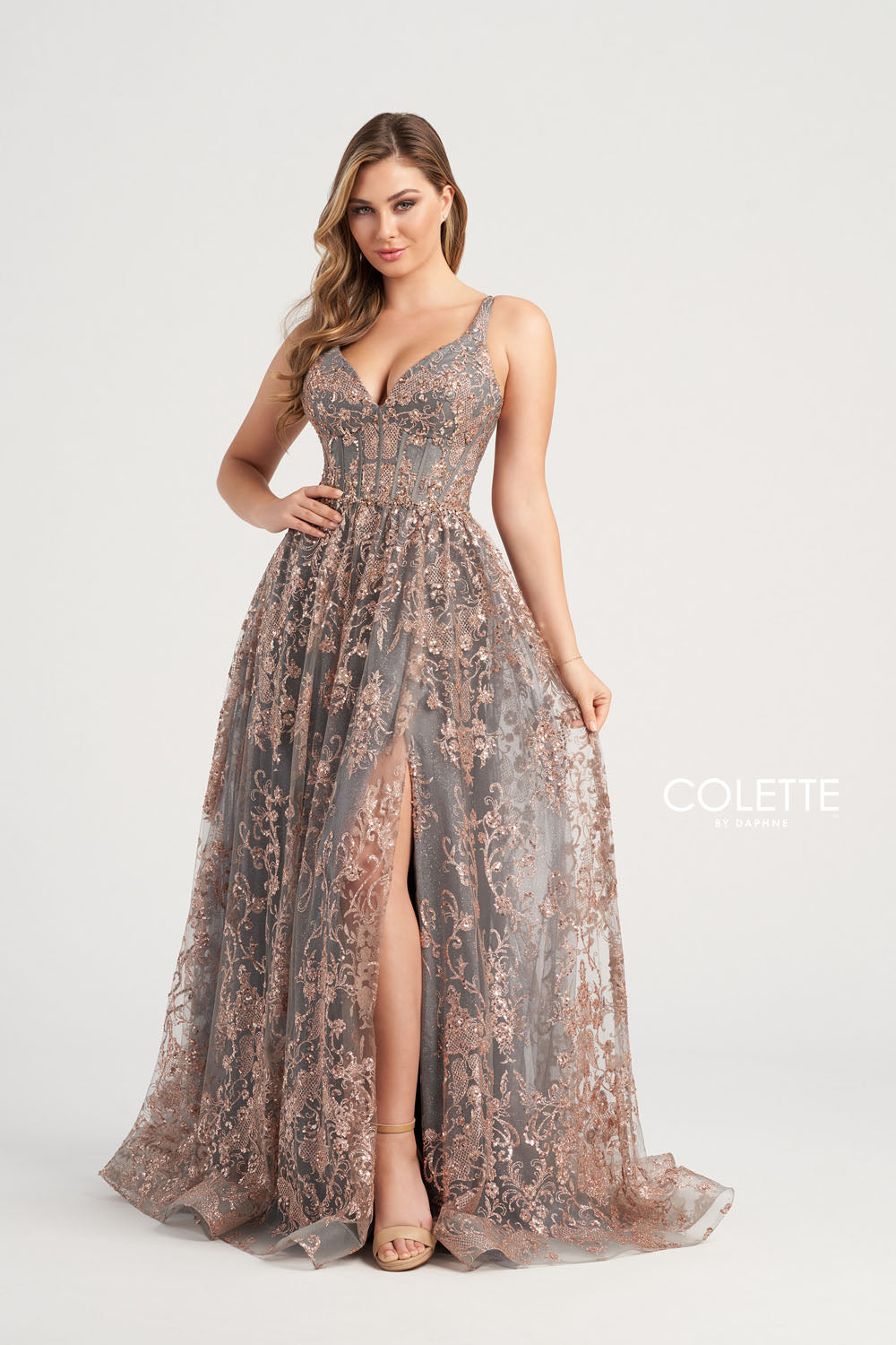 Colette CL5134 prom dress images.  Colette CL5134 is available in these colors: Navy Blue Gold, Gold Pewter, Sage.