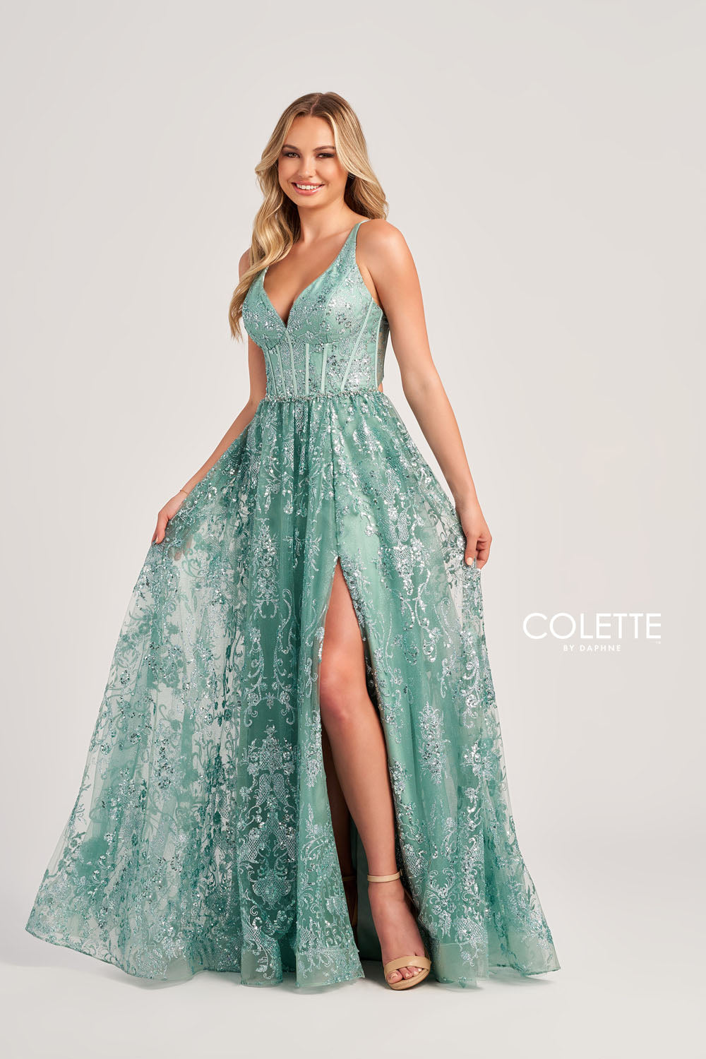 Colette CL5134 prom dress images.  Colette CL5134 is available in these colors: Navy Blue Gold, Gold Pewter, Sage.