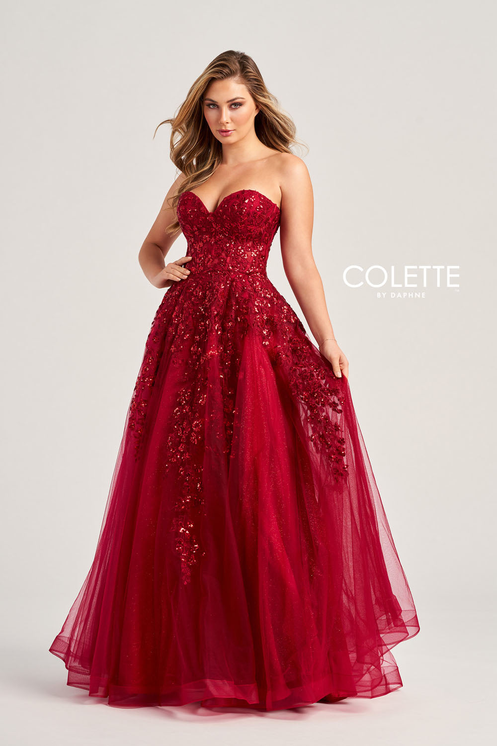 Colette CL5136 prom dress images.  Colette CL5136 is available in these colors: Scarlet, Light Blue, Navy Blue Gold, Lilac.