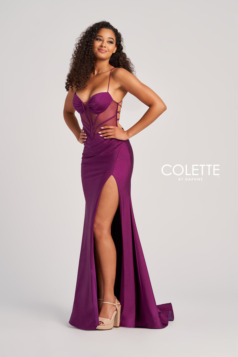 Colette CL5140 prom dress images.  Colette CL5140 is available in these colors: Raisin, Red, Plum, Olive, Hot Pink, Sienna, Black.