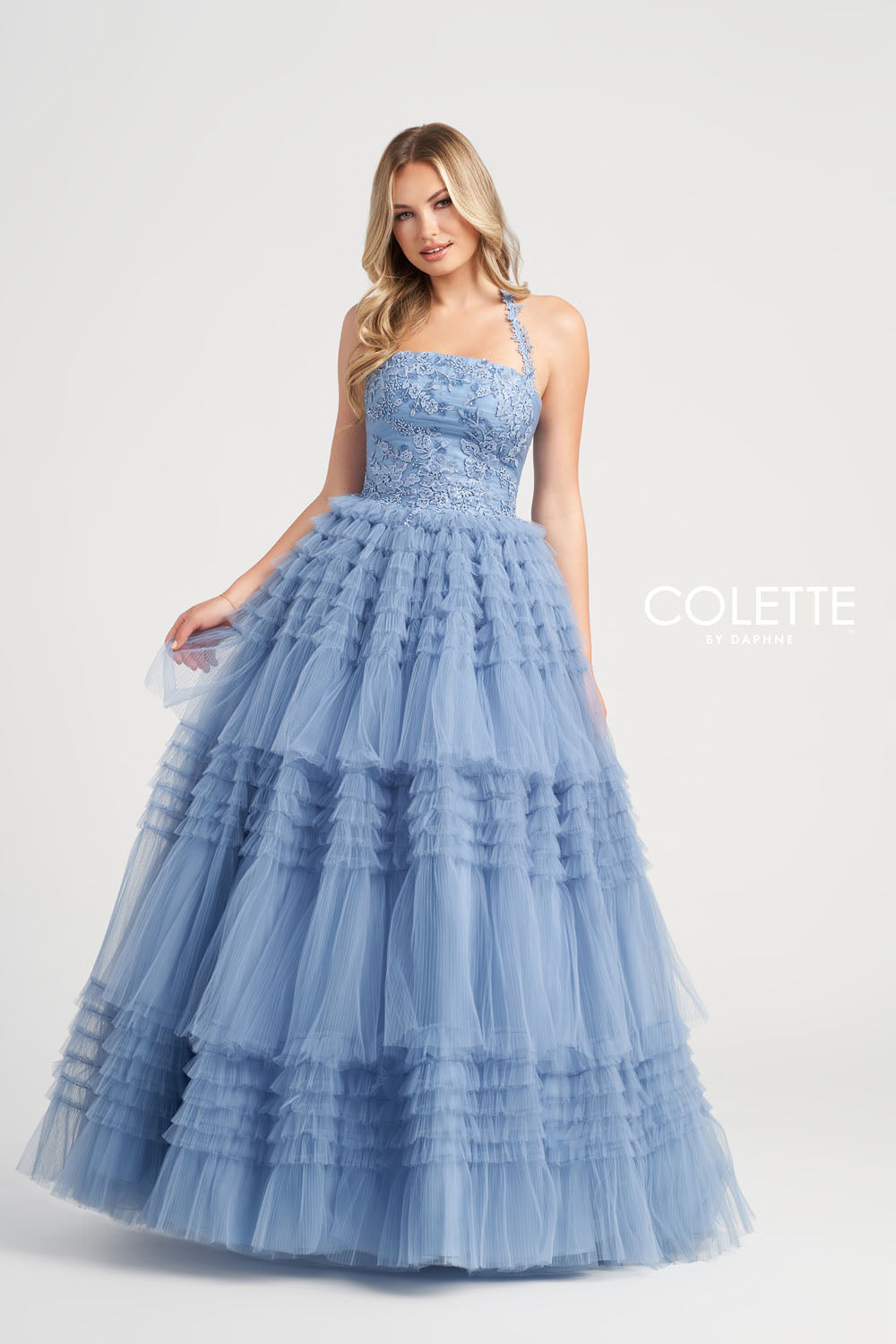 Colette CL5163 prom dress images.  Colette CL5163 is available in these colors: Dusty Blue.