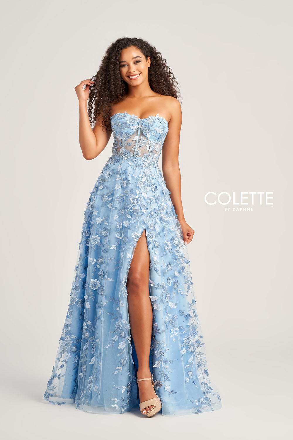 Colette CL5249 prom dress images.  Colette CL5249 is available in these colors: Diamond White, Light Blue, Pink.