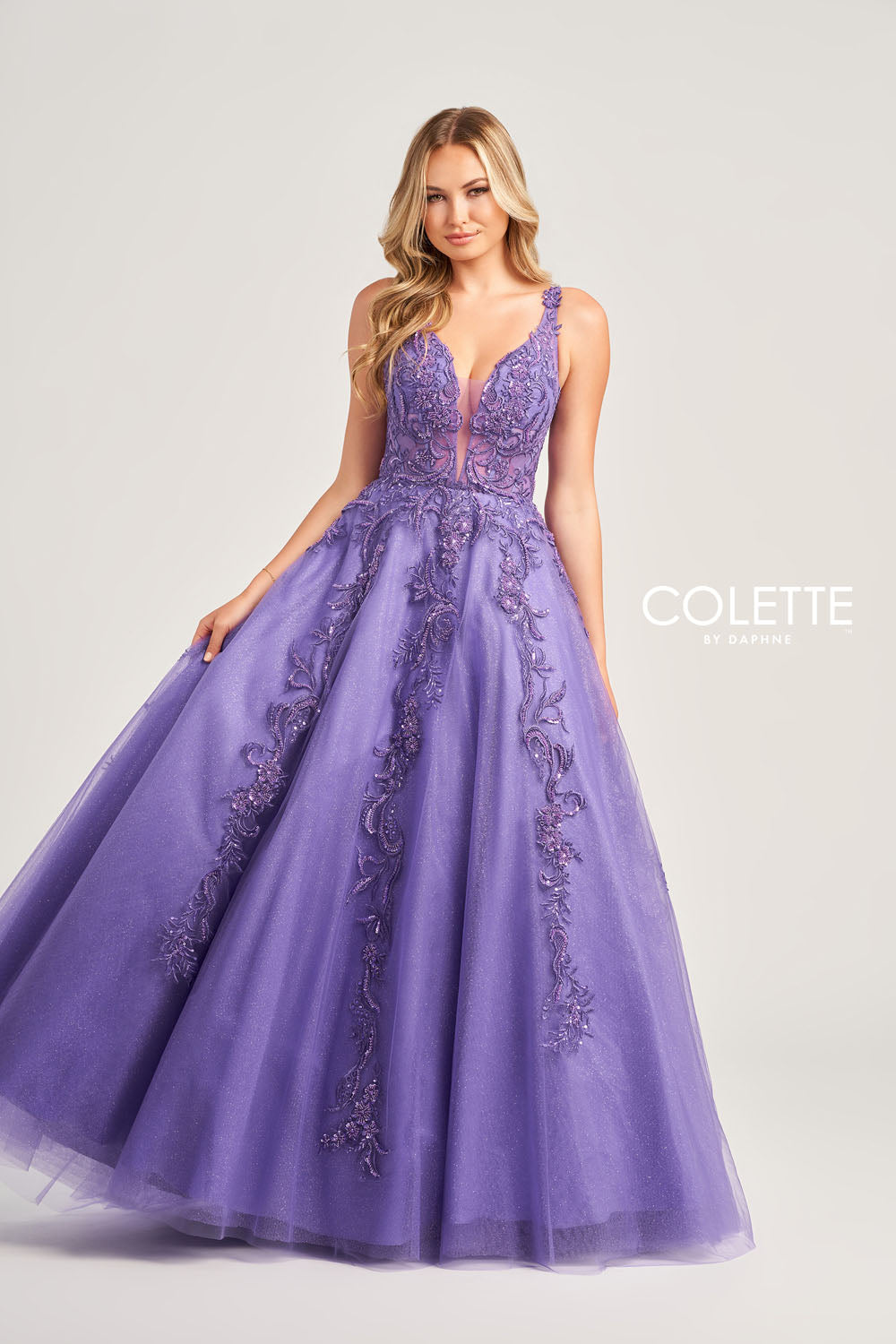 Colette CL5261 prom dress images.  Colette CL5261 is available in these colors: Sapphire, Orange, Amethyst.