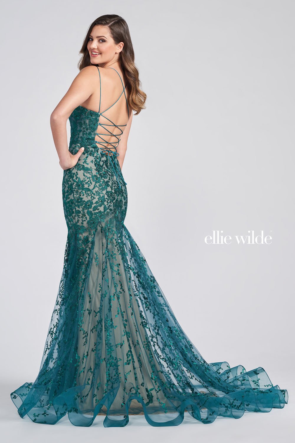 Ellie Wilde EW122032 prom dress images.  Ellie Wilde EW122032 is available in these colors: Emerald Nude, Ivory Champagne, Royal Blue, Light Blue, Yellow.