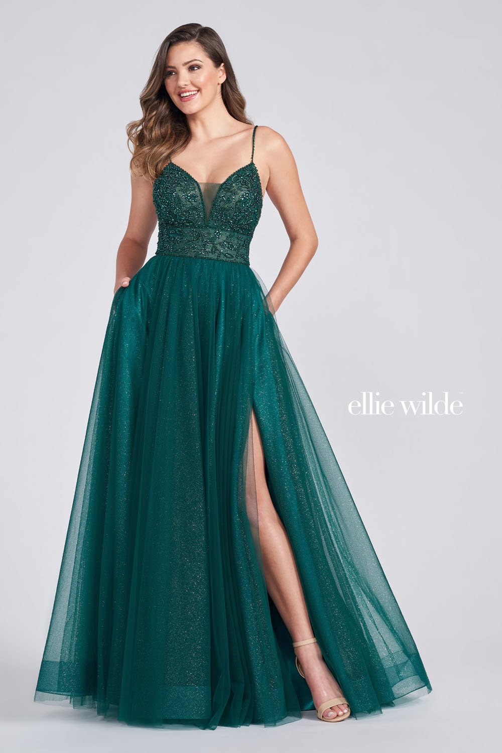 Ellie Wilde EW122066 prom dress images.  Ellie Wilde EW122066 is available in these colors: Emerald, Lilac.