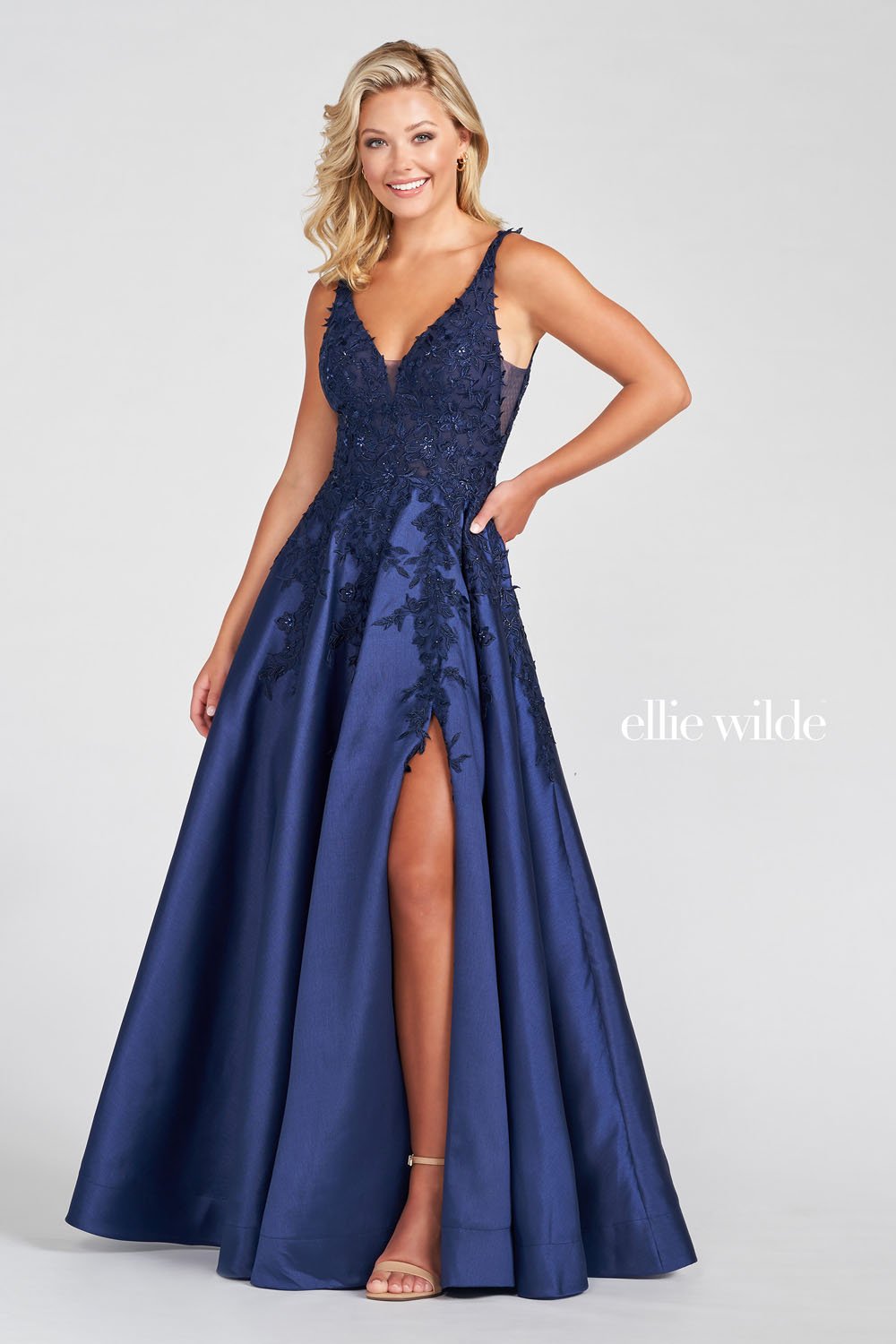 Ellie Wilde EW122074 prom dress images.  Ellie Wilde EW122074 is available in these colors: Red, Light Blue, Teal, Navy Blue, Emerald.