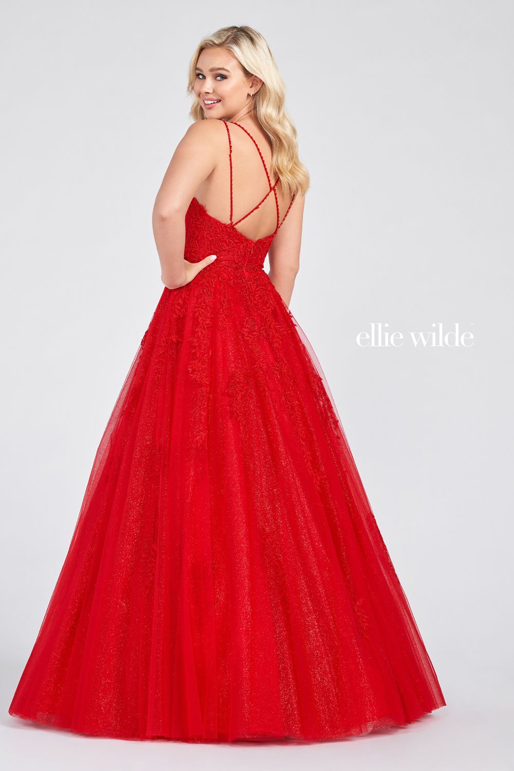 Ellie Wilde EW122076 prom dress images.  Ellie Wilde EW122076 is available in these colors: Red, Light Blue.