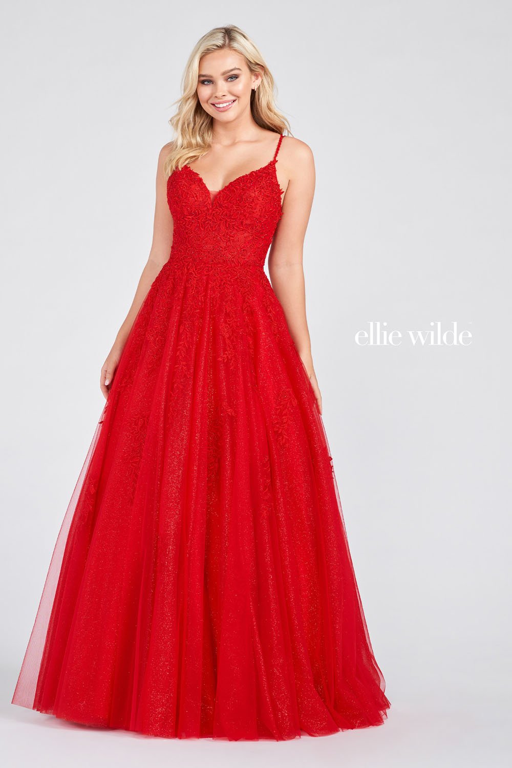 Ellie Wilde EW122076 prom dress images.  Ellie Wilde EW122076 is available in these colors: Red, Light Blue.