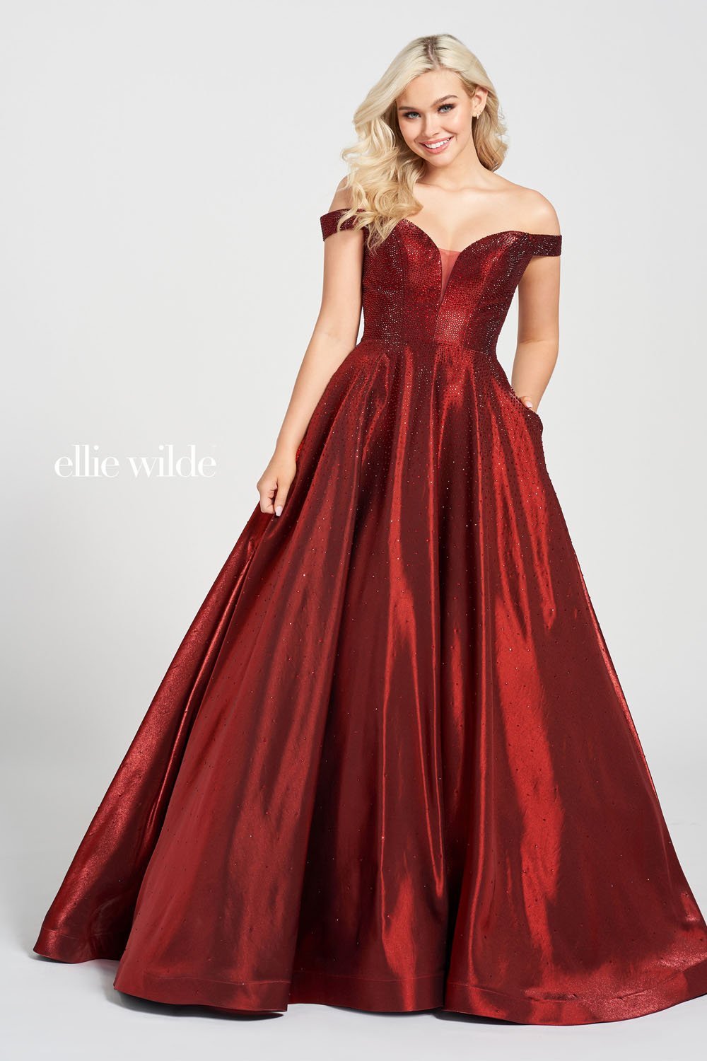 Ellie Wilde EW122106 prom dress images.  Ellie Wilde EW122106 is available in these colors: Red, Black, Beige Silver, Wine, Navy Blue.