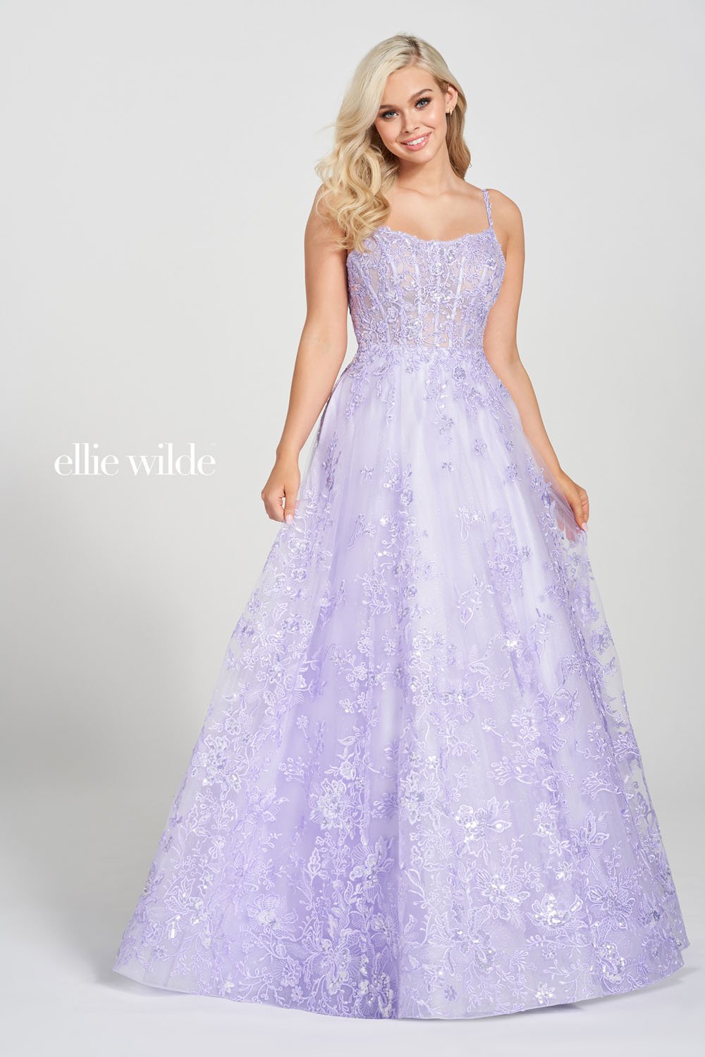 Ellie Wilde EW122109 prom dress images.  Ellie Wilde EW122109 is available in these colors: Light Yellow, Navy Blue, Lavender.