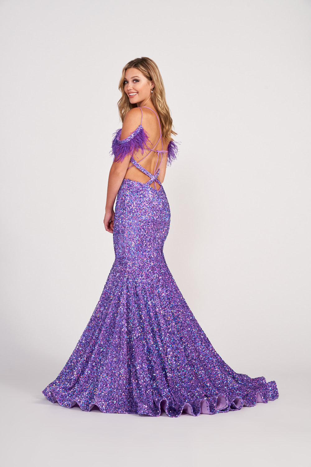 Ellie Wilde EW34017 prom dress images.  Ellie Wilde EW34017 is available in these colors: Purple, Black Galaxy, Orange, Light Blue.