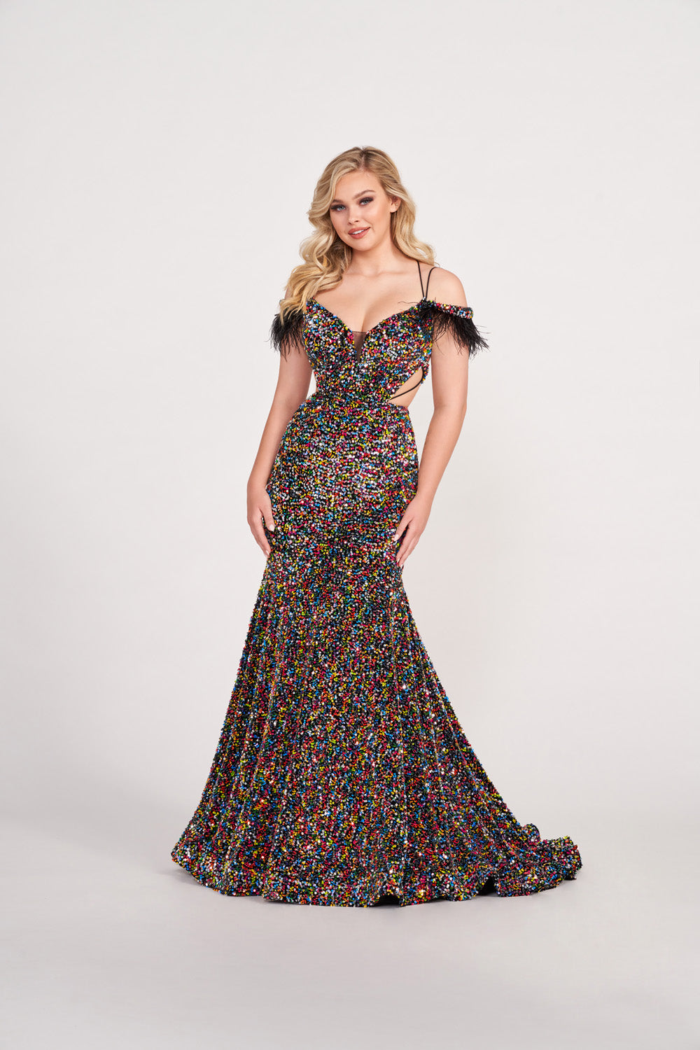 Ellie Wilde EW34017 prom dress images.  Ellie Wilde EW34017 is available in these colors: Purple, Black Galaxy, Orange, Light Blue.