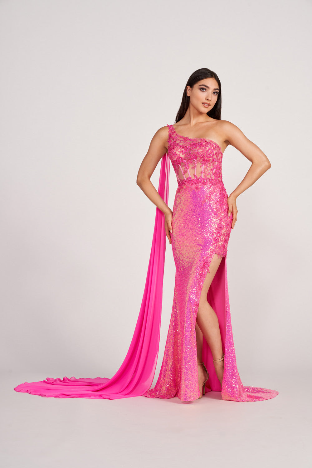 Ellie Wilde EW34020 prom dress images.  Ellie Wilde EW34020 is available in these colors: Hot Pink, Orange, Ocean Blue, Lime.