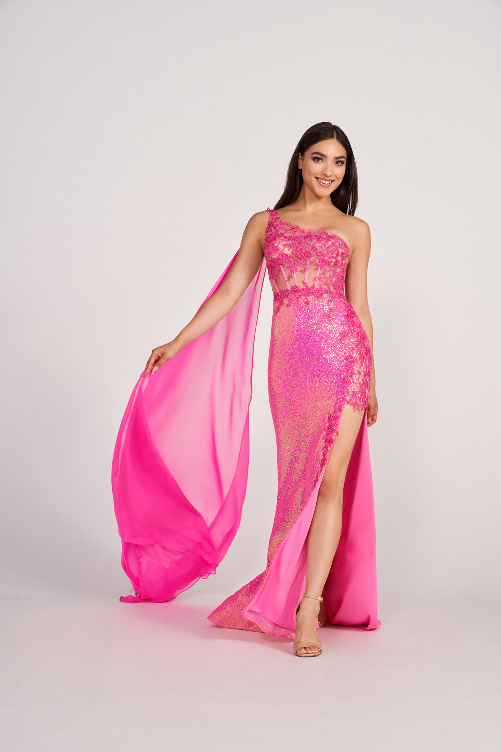 Ellie Wilde EW34020 prom dress images.  Ellie Wilde EW34020 is available in these colors: Hot Pink, Orange, Ocean Blue, Lime.