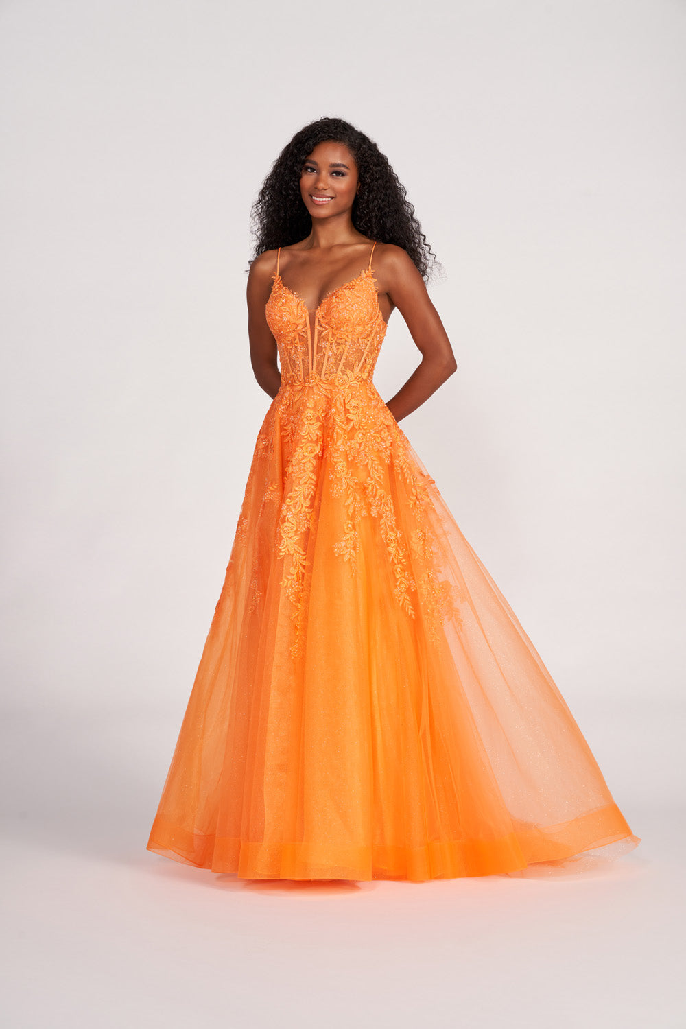 Ellie Wilde EW34036 prom dress images.  Ellie Wilde EW34036 is available in these colors: Orange, Yellow, Royal Blue, Magenta, Emerald.