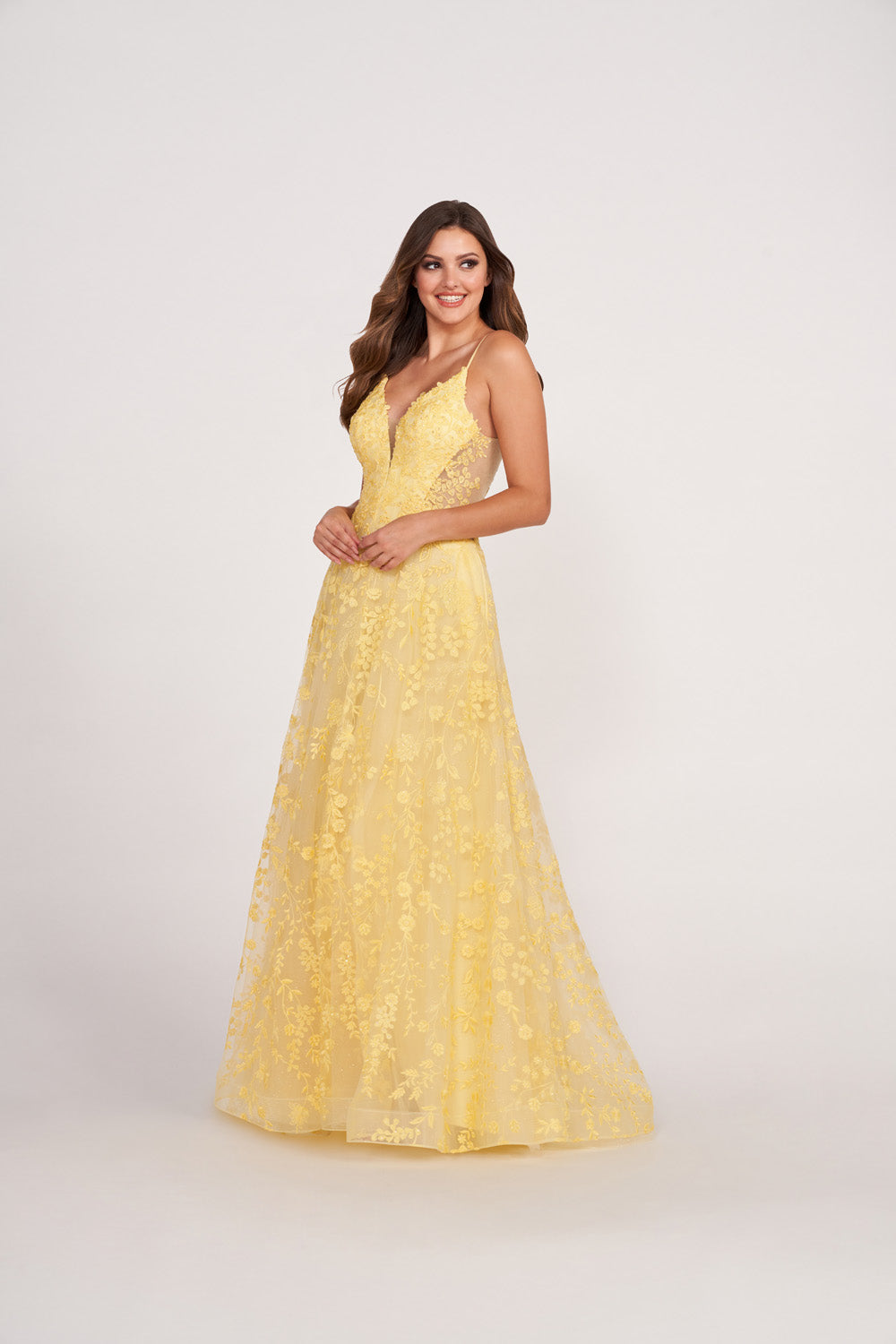 Ellie Wilde EW34048 prom dress images.  Ellie Wilde EW34048 is available in these colors: Mist, Petal, Yellow, Strawberry, Ivory Nude.