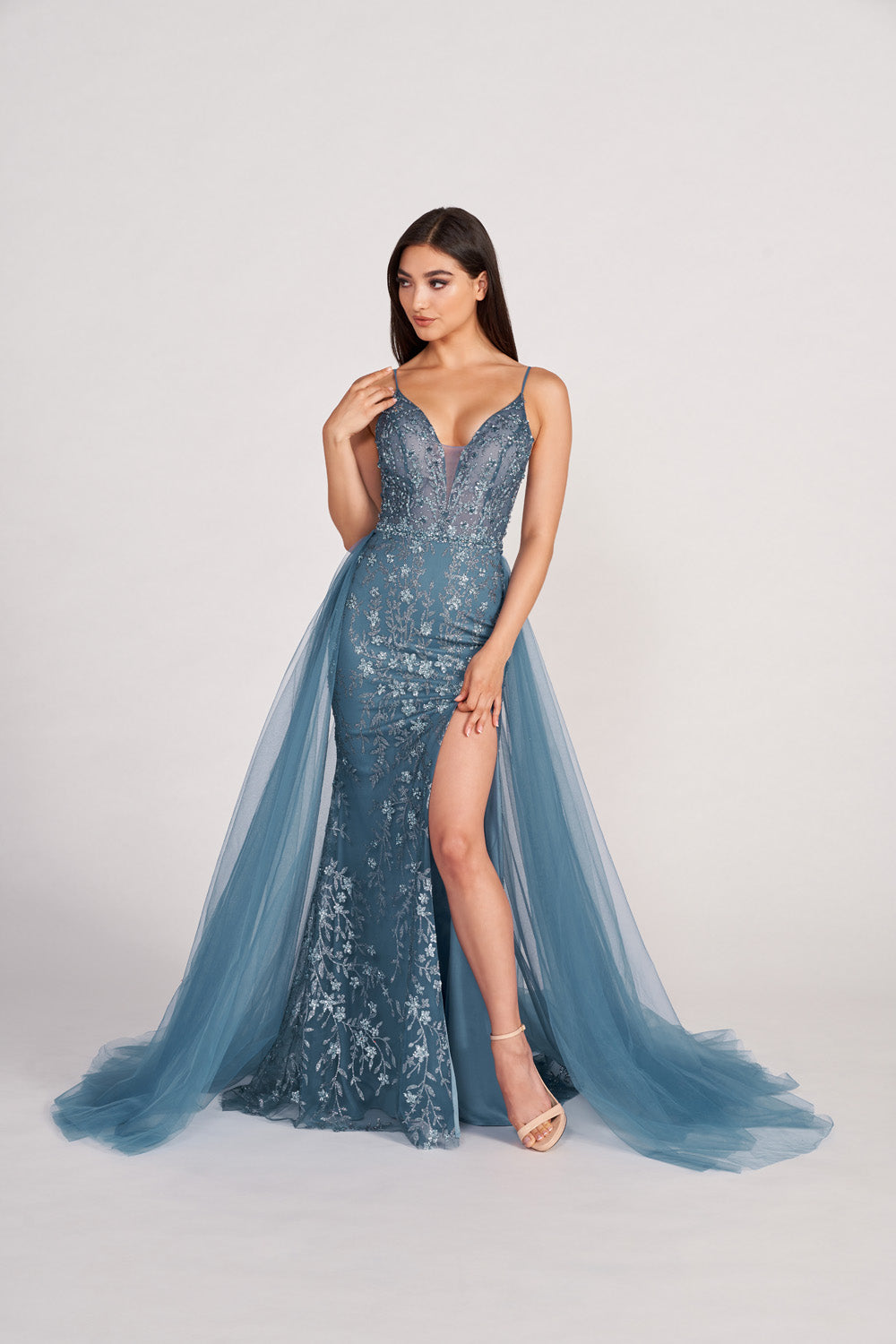 Ellie Wilde EW34058 prom dress images.  Ellie Wilde EW34058 is available in these colors: Steel Blue, Emerald, Slate, Lilac.