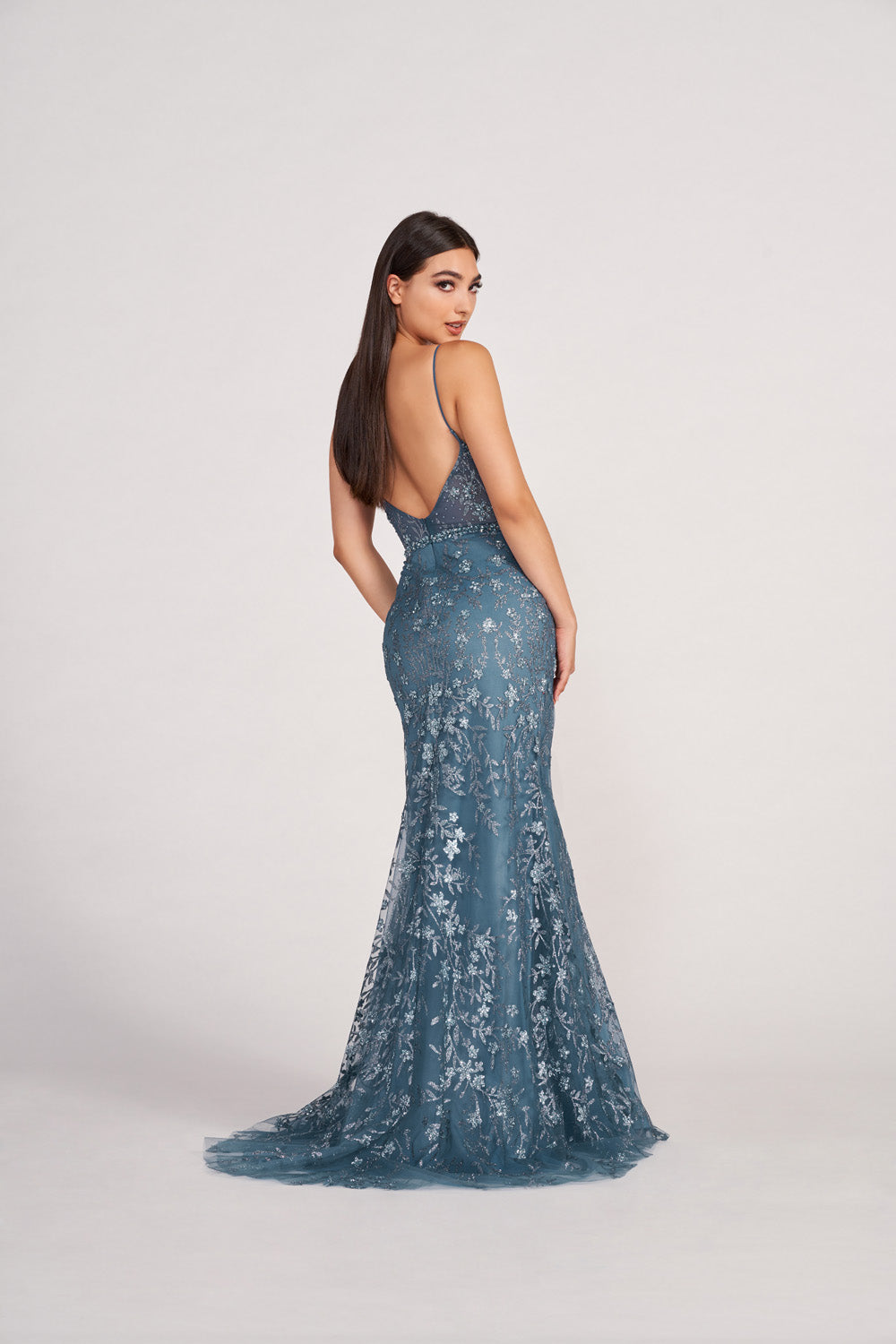 Ellie Wilde EW34058 prom dress images.  Ellie Wilde EW34058 is available in these colors: Steel Blue, Emerald, Slate, Lilac.