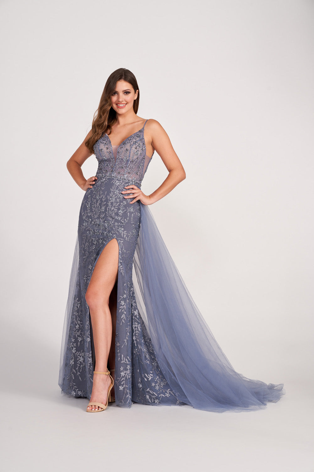 Ellie Wilde EW34058 prom dress images.  Ellie Wilde EW34058 is available in these colors: Steel Blue, Emerald, Slate, Lilac.