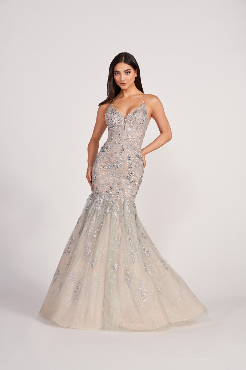 Ellie Wilde EW34064 prom dress images.  Ellie Wilde EW34064 is available in these colors: Silver Nude, Emerald Nude, Navy Nude.