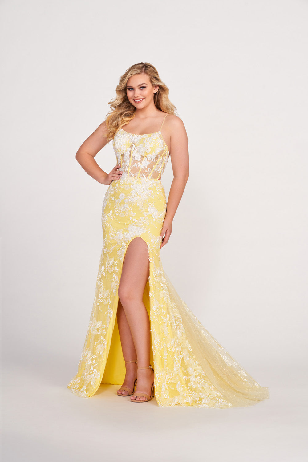 Ellie Wilde EW34068 prom dress images.  Ellie Wilde EW34068 is available in these colors: Light Blue, Lilac, Light Yellow.