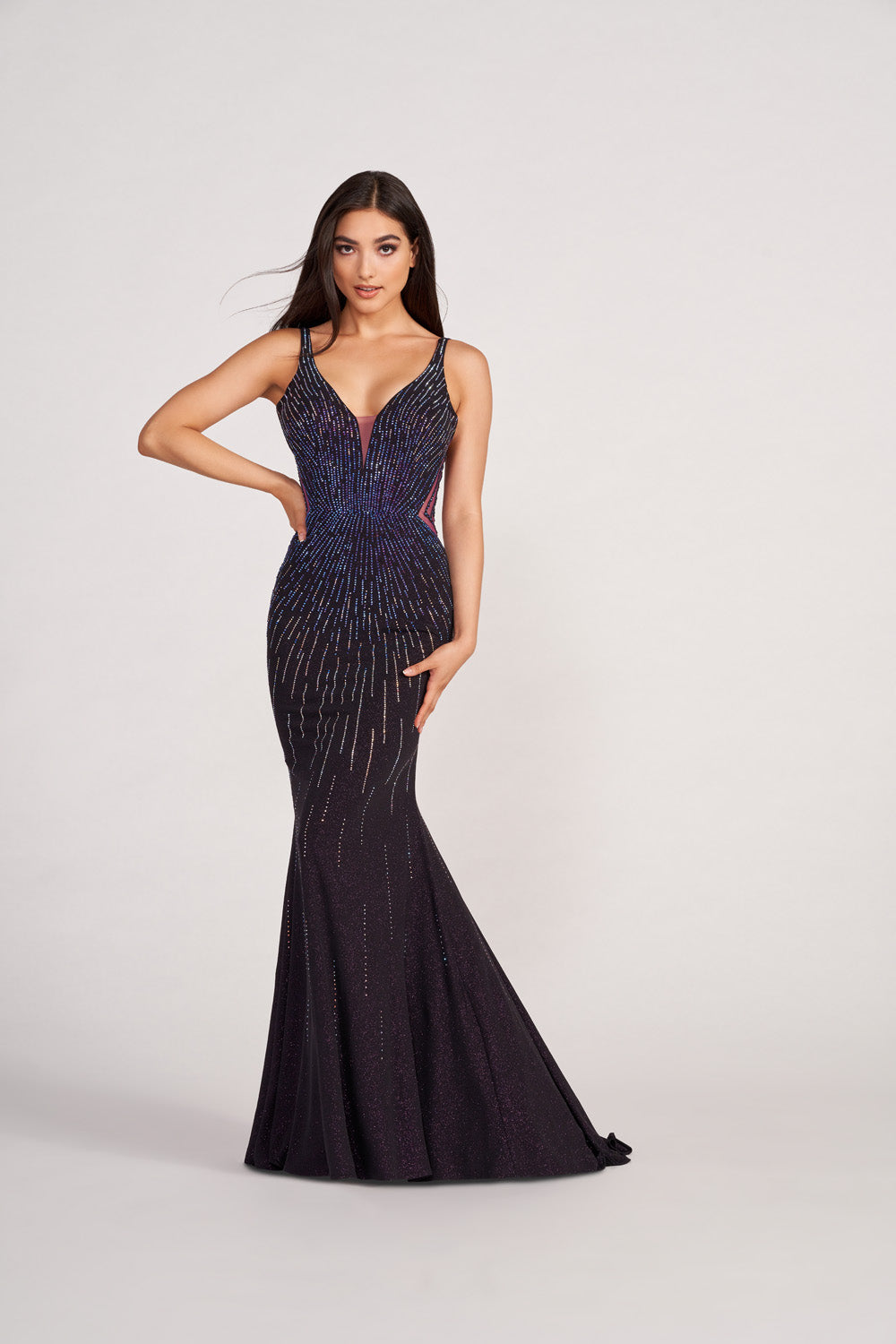 Ellie Wilde EW34076 prom dress images.  Ellie Wilde EW34076 is available in these colors: Blackberry, Royal Blue, Black.