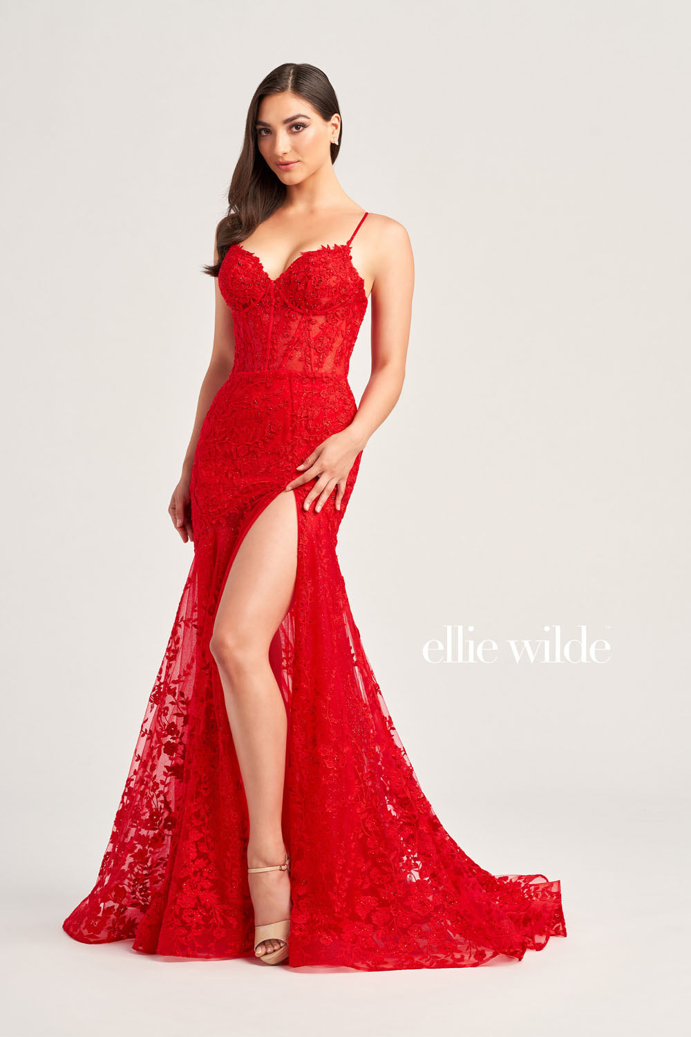 Ellie Wilde EW35005 prom dress images.  Ellie Wilde EW35005 is available in these colors: Magenta, Light Blue, Sage, Red, Royal Blue, Emerald Nude, Light Yelllow.