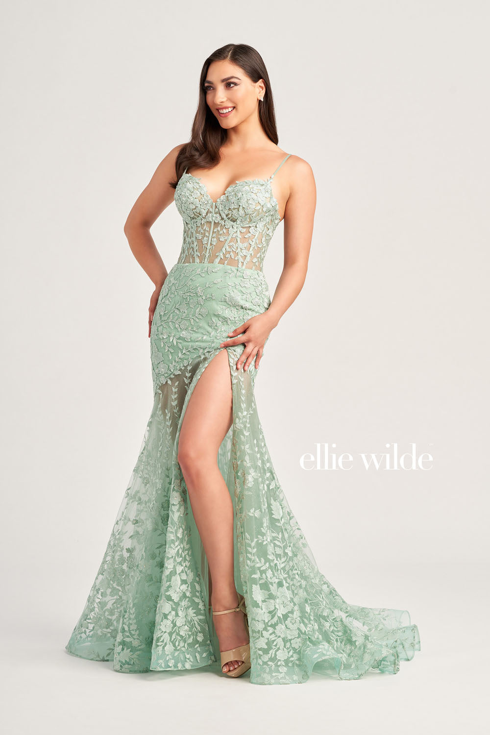 Ellie Wilde EW35005 prom dress images.  Ellie Wilde EW35005 is available in these colors: Magenta, Light Blue, Sage, Red, Royal Blue, Emerald Nude, Light Yelllow.