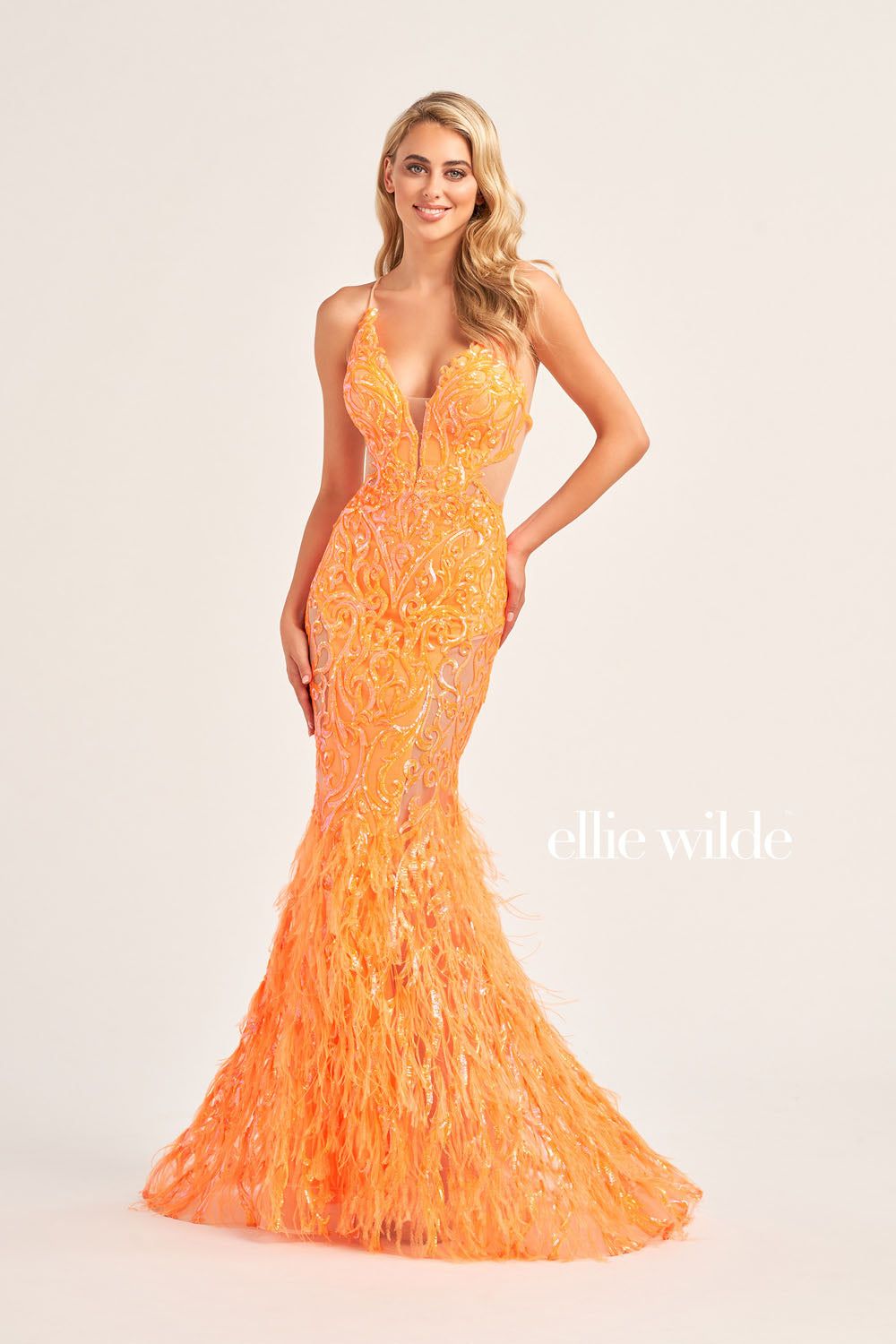 Ellie Wilde EW35006 prom dress images.  Ellie Wilde EW35006 is available in these colors: Orange, Champagne, Emerald, Iris, Hot Pink.