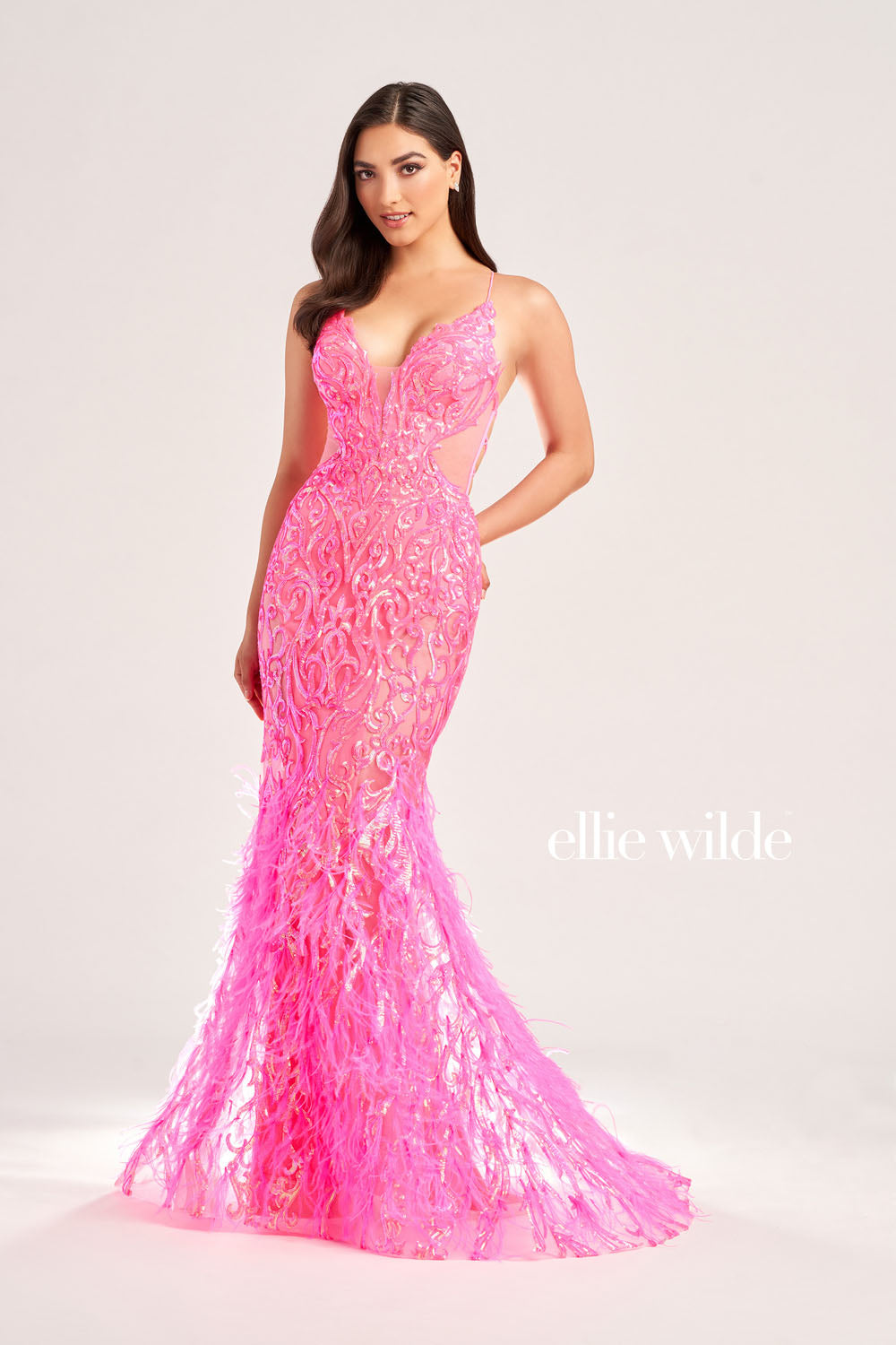 Ellie Wilde EW35006 prom dress images.  Ellie Wilde EW35006 is available in these colors: Orange, Champagne, Emerald, Iris, Hot Pink.