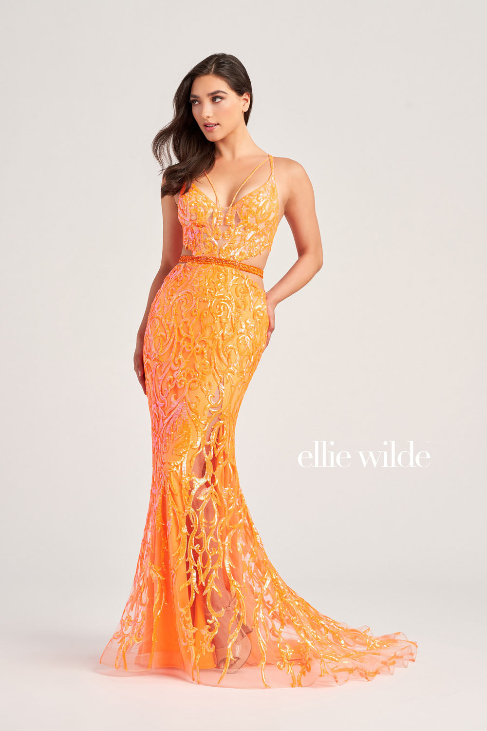 Ellie Wilde EW35007 prom dress images.  Ellie Wilde EW35007 is available in these colors: Orange, Emerald, Iris.