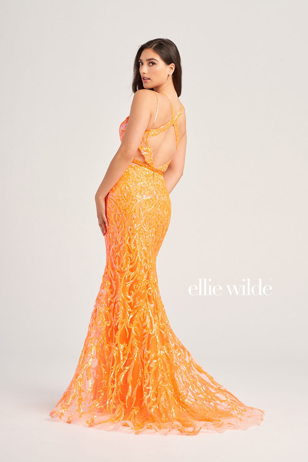 Ellie Wilde EW35007 prom dress images.  Ellie Wilde EW35007 is available in these colors: Orange, Emerald, Iris.