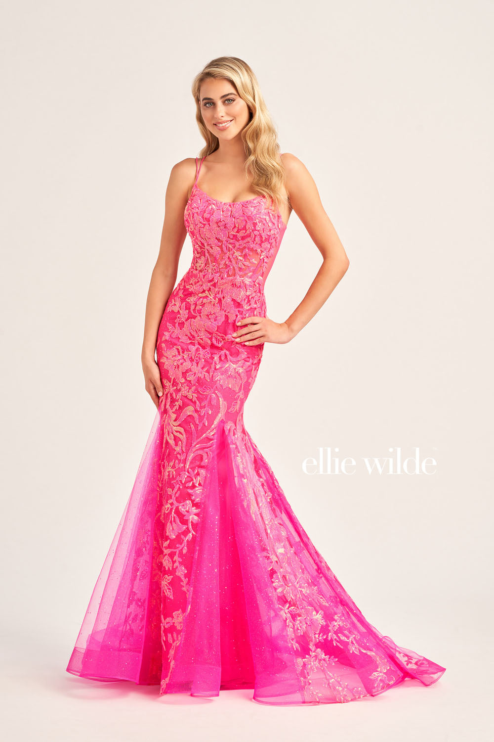 Ellie Wilde EW35008 prom dress images.  Ellie Wilde EW35008 is available in these colors: Ultra Violet, Magenta, Orange, Periwinkle Opal.