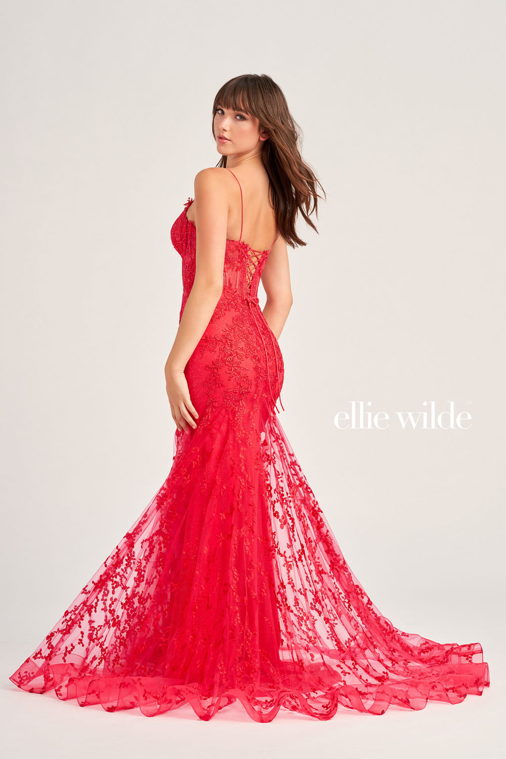 Ellie Wilde EW35010 prom dress images.  Ellie Wilde EW35010 is available in these colors: Strawberry, Orange, Light Yellow, Royal Blue, Magenta, Sage, Black, Emerald.