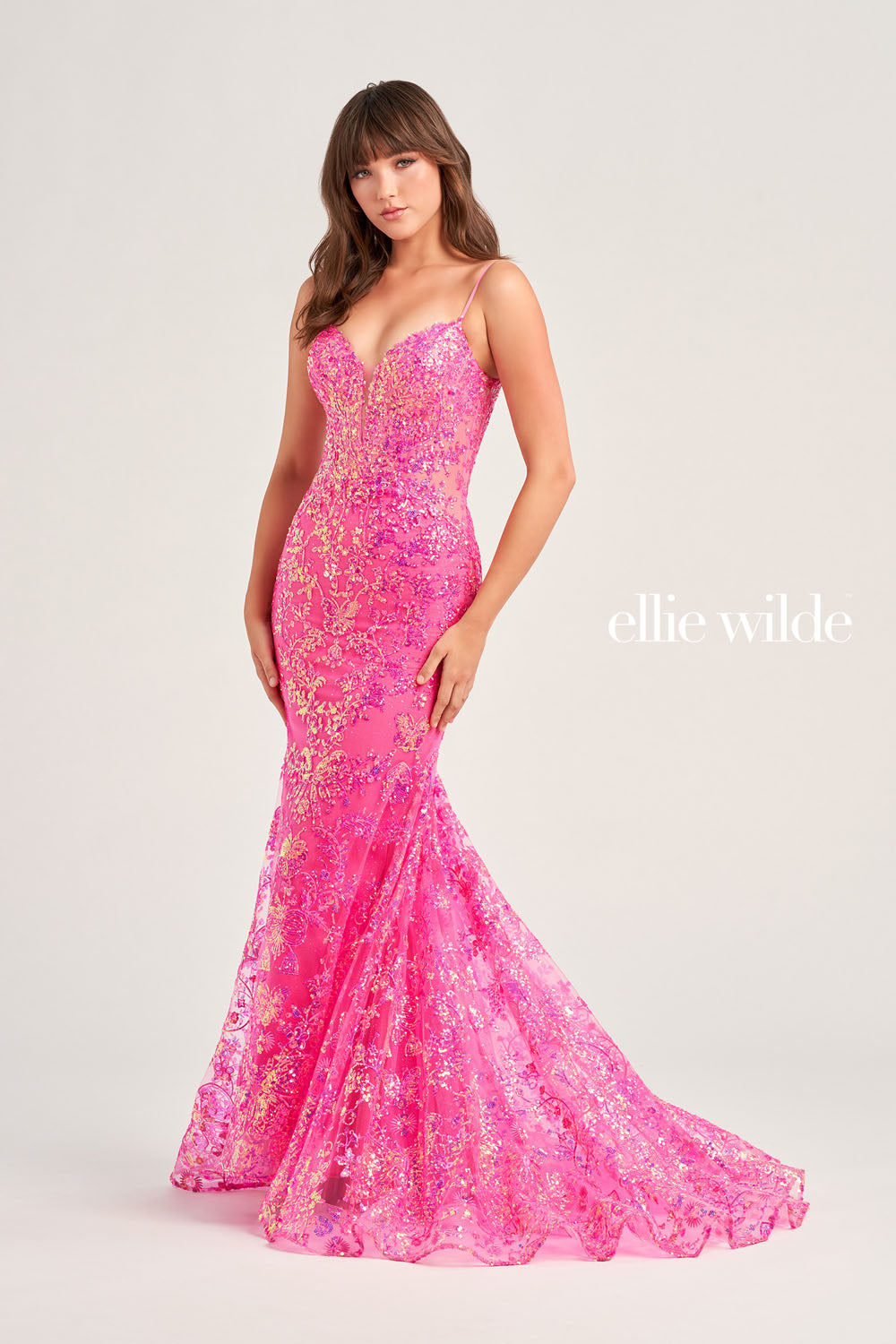 Ellie Wilde EW35013 prom dress images.  Ellie Wilde EW35013 is available in these colors: Hot Pink, Light Blue, Midnight, Lilac, Black.