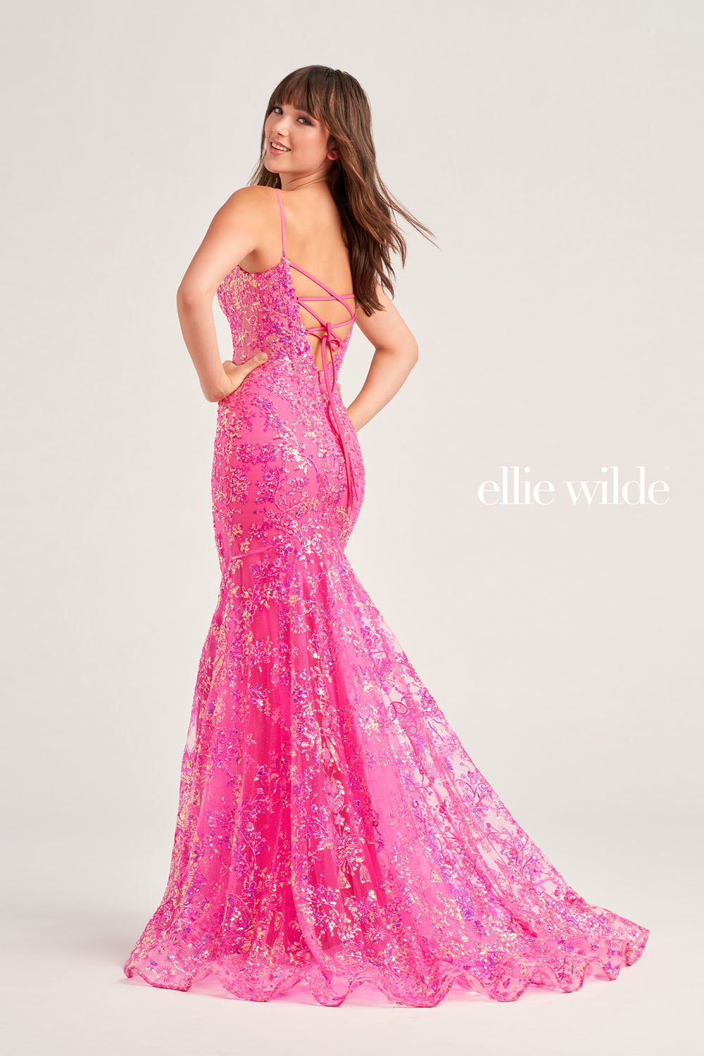 Ellie Wilde EW35013 prom dress images.  Ellie Wilde EW35013 is available in these colors: Hot Pink, Light Blue, Midnight, Lilac, Black.