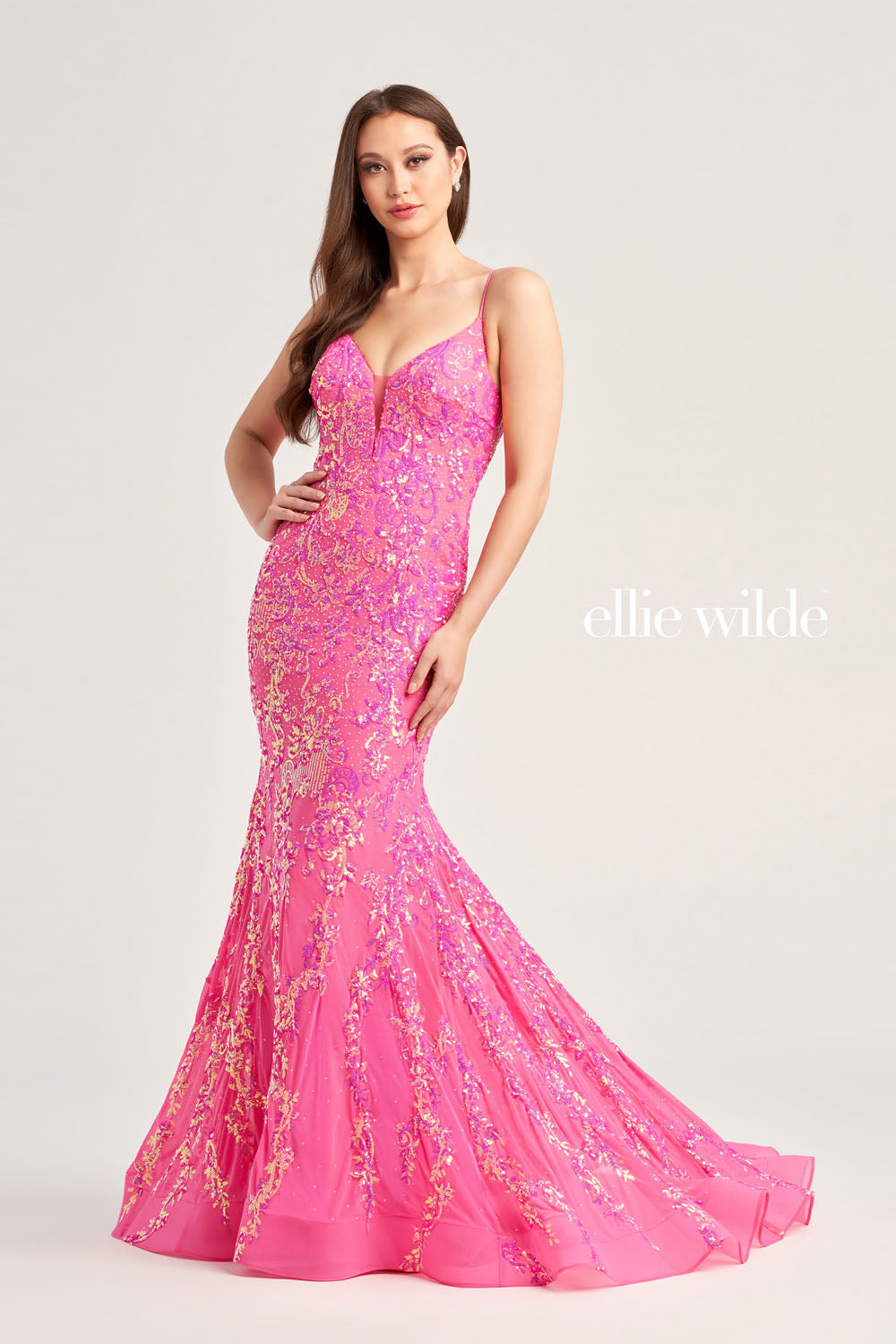 Ellie Wilde EW35048 prom dress images.  Ellie Wilde EW35048 is available in these colors: Ice Blue, Hot Pink, Lavender, Navy Blue, Black.