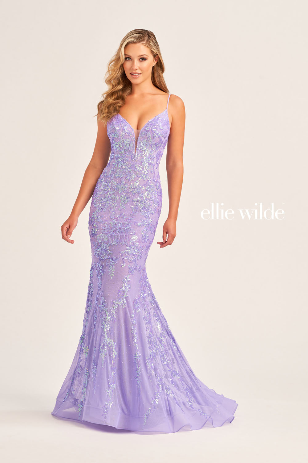 Ellie Wilde EW35048 prom dress images.  Ellie Wilde EW35048 is available in these colors: Ice Blue, Hot Pink, Lavender, Navy Blue, Black.