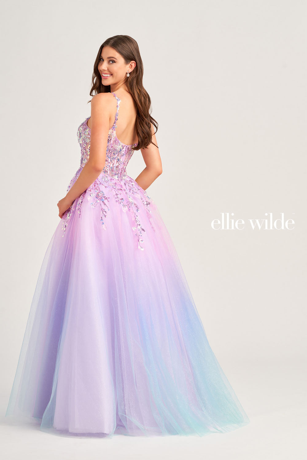 Ellie Wilde EW35055 prom dress images.  Ellie Wilde EW35055 is available in these colors: Cotton Candy, Lime Sorbet, Peach Rainbow.