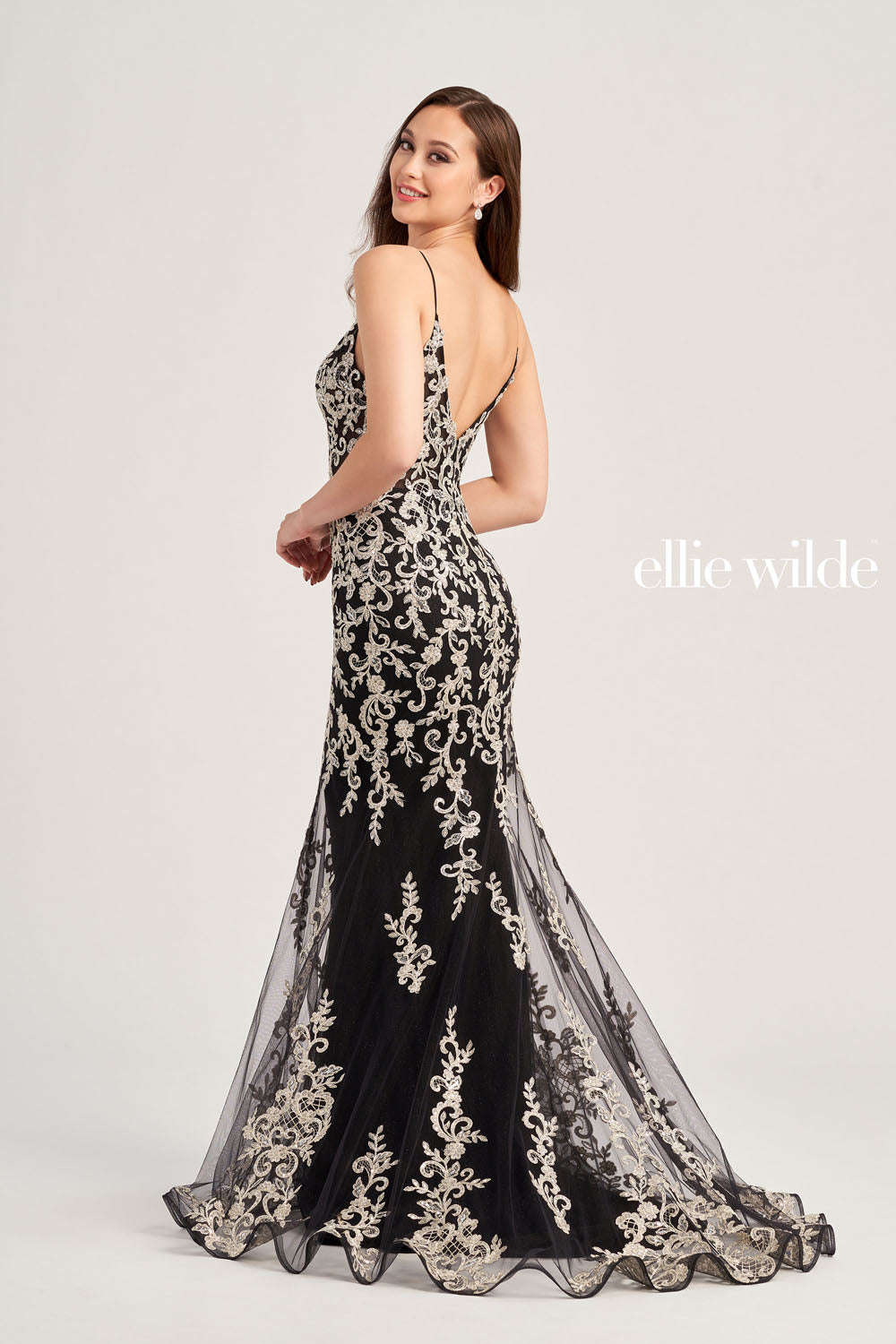 Ellie Wilde EW35071 prom dress images.  Ellie Wilde EW35071 is available in these colors: Black Silver, Wine, Emerald.