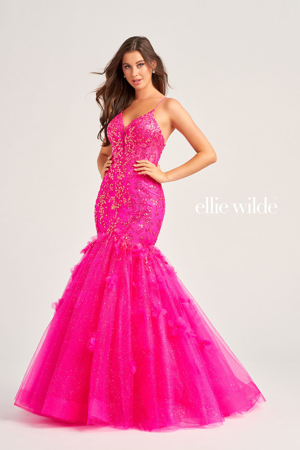 Ellie Wilde EW35080 prom dress images.  Ellie Wilde EW35080 is available in these colors: Light Blue, Hot Pink, Orange.