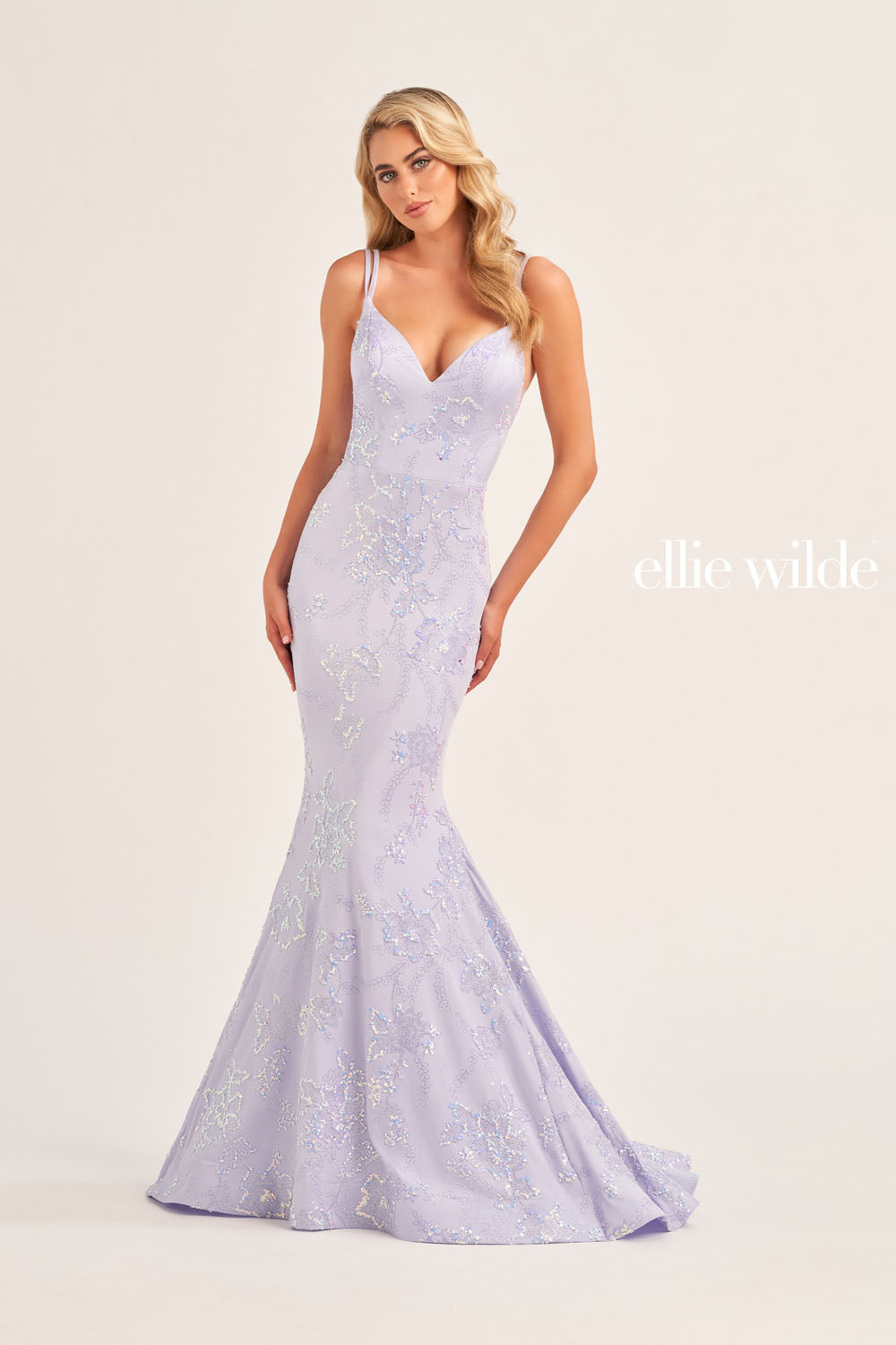 Ellie Wilde EW35083 prom dress images.  Ellie Wilde EW35083 is available in these colors: Mauve Gold, Petal, Emerald, Lavender Frost.