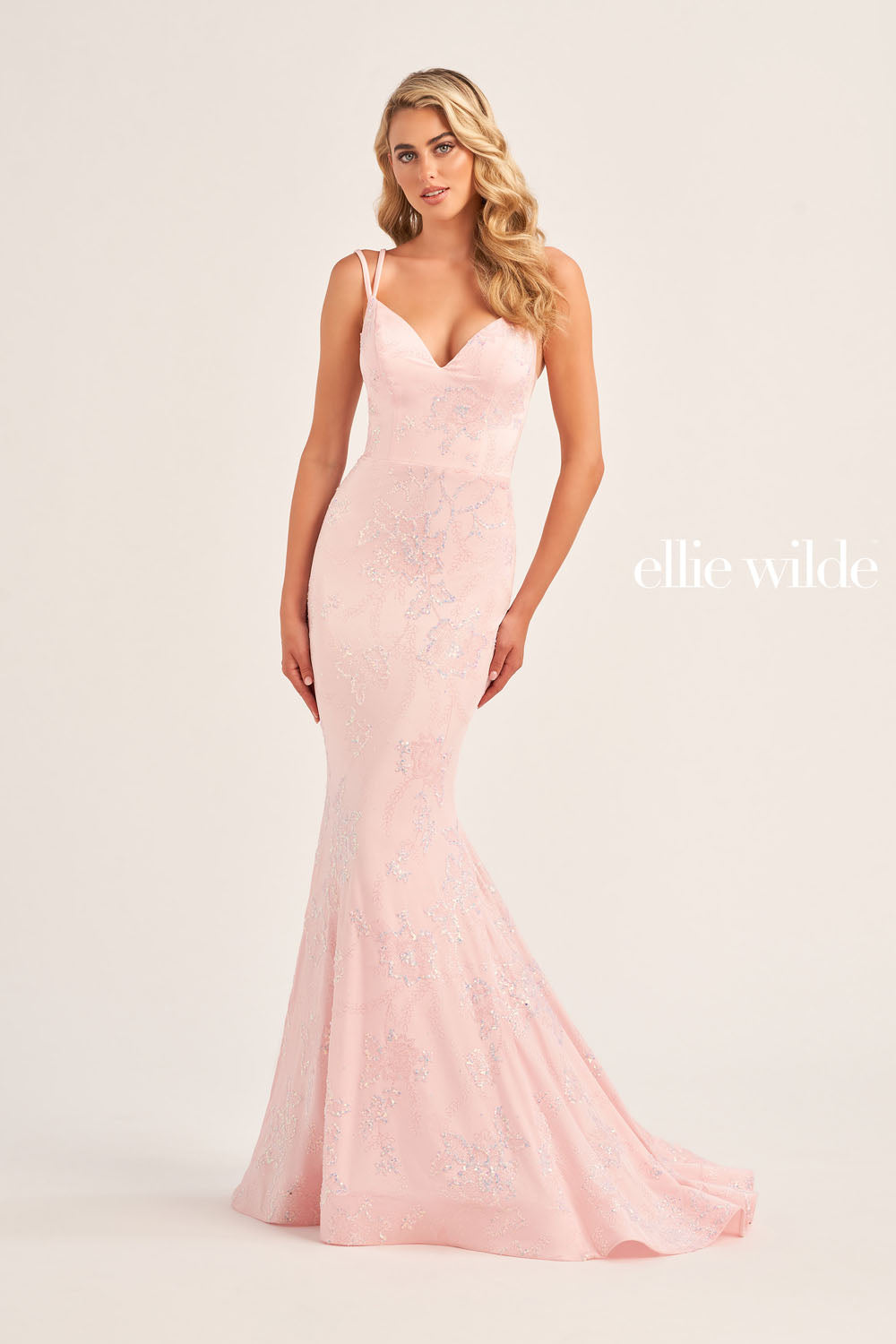 Ellie Wilde EW35083 prom dress images.  Ellie Wilde EW35083 is available in these colors: Mauve Gold, Petal, Emerald, Lavender Frost.