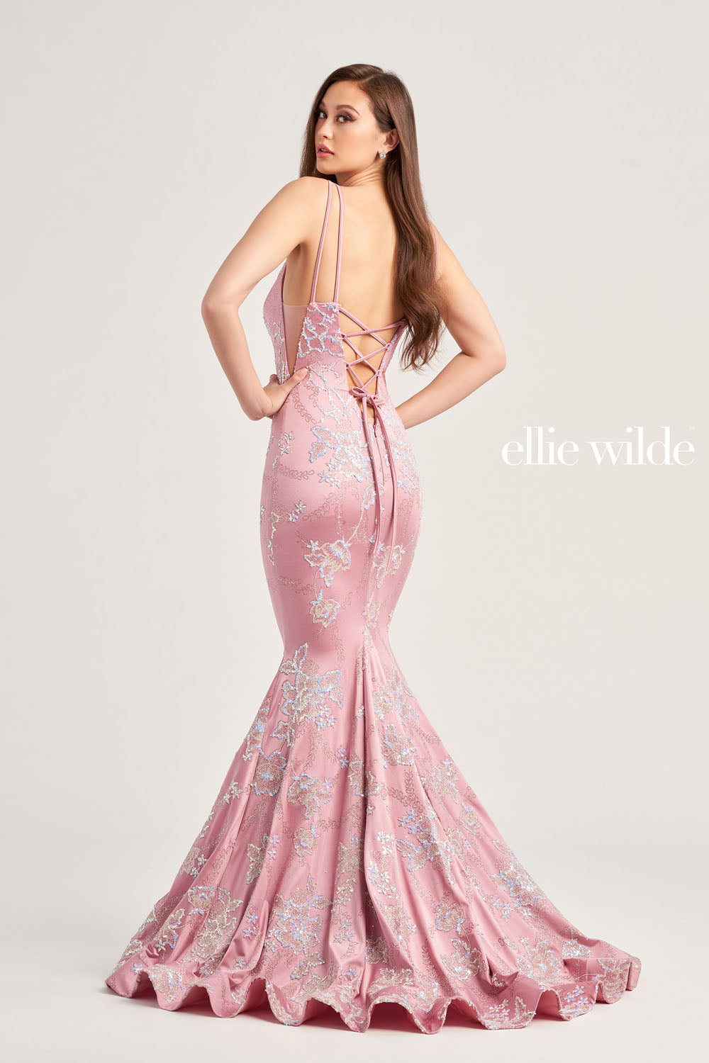 Ellie Wilde EW35083 prom dress images.  Ellie Wilde EW35083 is available in these colors: Mauve Gold, Petal, Emerald, Lavender Frost.